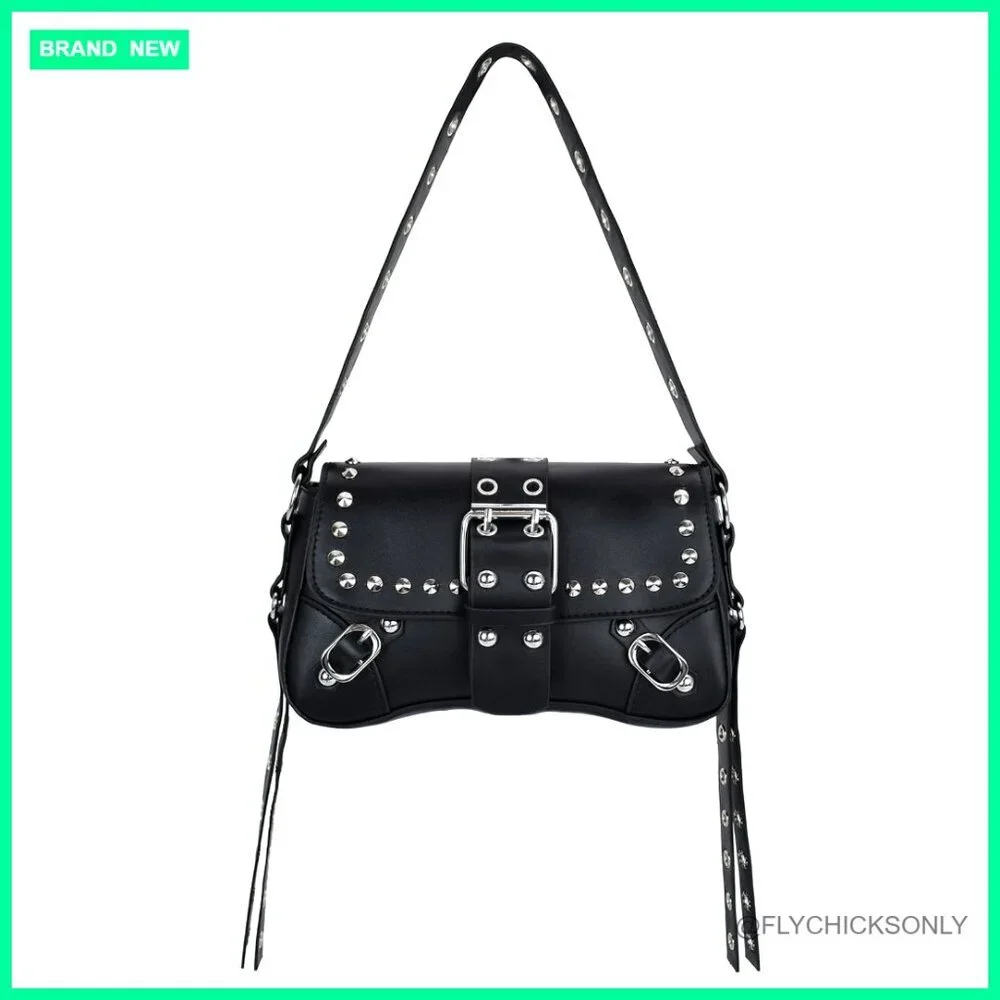 Studded Rivet Punk Hobo Shoulder Bag PU Leather Small Clutch Purse